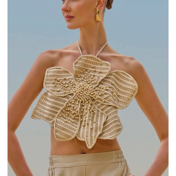 PatBO Tops - New PatBO Candy Flower Top Candy Linen Hand-Beaded Flower Top